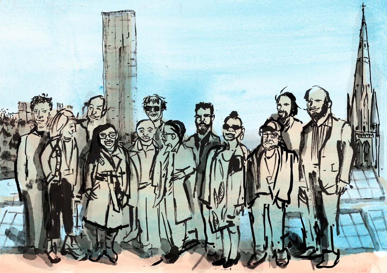 Cartoon drawing of 12 people standing on a roof. In the background you can see a church spire and a tall building.